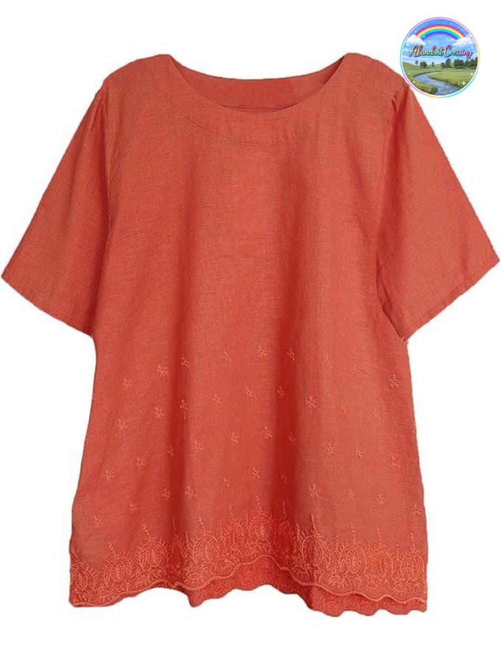 Women's Linen Tunic Top Short Sleeve Embroidered Blouse Summer